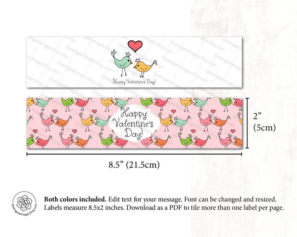 Valentine Water Bottle Label - printable, corjl editable, beverage wrap, galentines day, valentine printables, custom text, love bird design