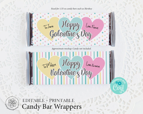 Valentine / Galentine Candy Bar Wrappers - Custom Hershey wrap, editable in Corjl, personalized candy label, gift favor ideas, pastel colors