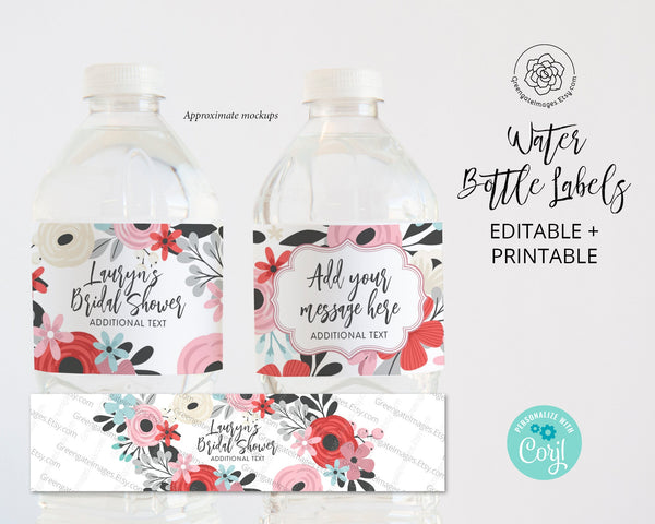 Valentine Floral Water Bottle Label - printable, corjl editable, beverage wrap, valentine printables, custom text, february bridal shower