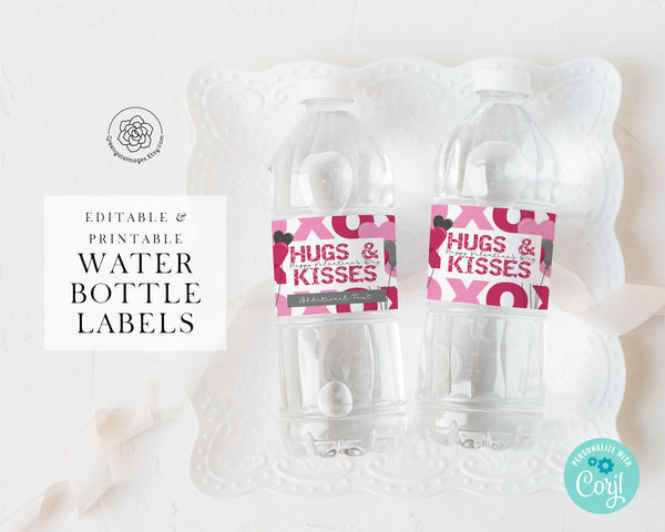 Valentine Water Bottle Label - printable, corjl editable, beverage wrap, valentine's day, galentine's day, pink xoxo, valentine treat ideas
