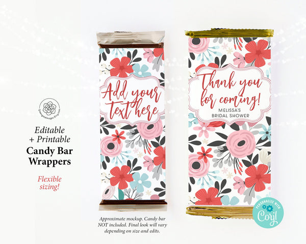 2 Sizes: Valentine Floral Candy Bar Wrappers - Custom Hershey wrap, editable in Corjl, personalized candy label king size, cute gift idea.