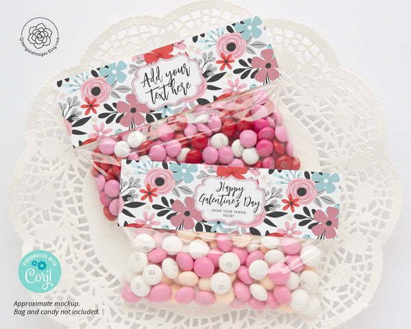 Valentine Floral Bag Toppers - PRINTABLE sandwich bag card, Ziplock Topper, Foldover Bag Label, party favor ideas, Snack Bag Topper, Corjl