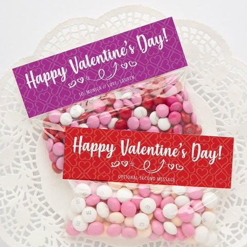 Valentine's Bag Toppers, candy bag, Corjl, favor bags, ziplock foldover label, customize color, personalized name labels, Valentine ideas