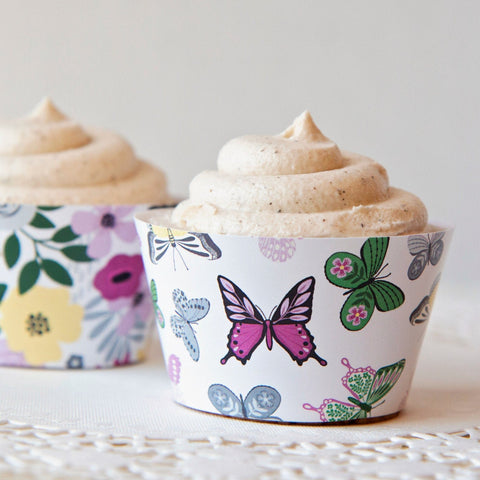 Butterfly Floral Cupcake Wrappers - Magenta and Green