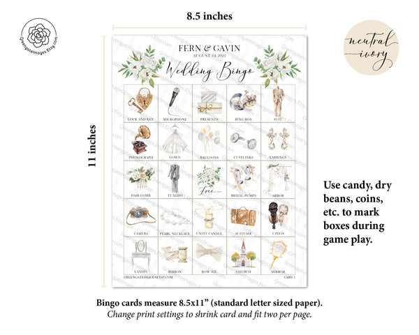 Wedding Bingo Cards - 100 card, Personalization, Neutral Ivory