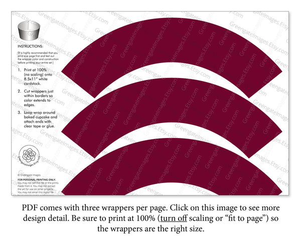 Solid Burgundy Cupcake Wrapper - Printable Digital Download by Greengate Images