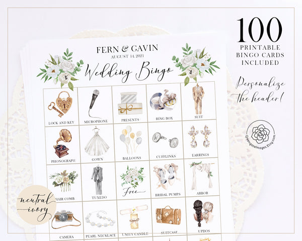 Wedding Bingo Cards - 100 card, Personalization, Neutral Ivory