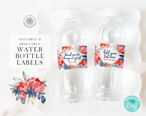 Patriotic Floral Water Bottle Label 