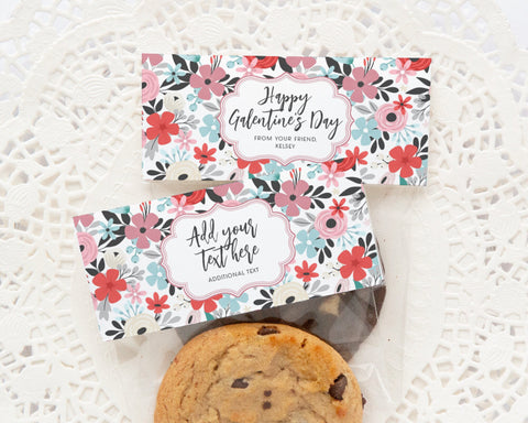 Valentine Floral Cookie Pouch Topper - PRINTABLE - editable in Corjl Foldover Bag Label 4.5 inches wide 3.5 inches, custom small bag tag