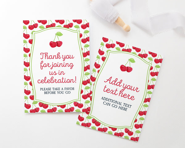 5x7" Cherry Sign Template - editable corjl, birthday sign, cherry on top, small flyer, A7 favor table direction. Instructions for guests.