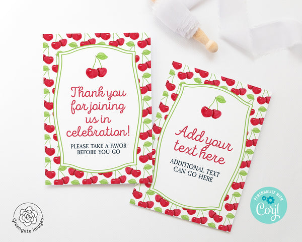 5x7" Cherry Sign Template - editable corjl, birthday sign, cherry on top, small flyer, A7 favor table direction. Instructions for guests.