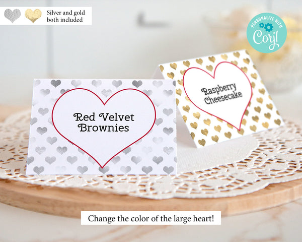 Silver and Gold Heart Buffet Signs / Place Cards 