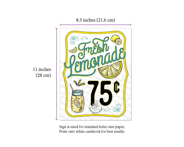 Fresh Lemonade Sign - PRINTABLE Corjl 8.5x11" sign template. Aqua teal turquoise for sale sign w/ price. Change/customize/edit price amount.