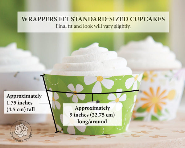 Spring Green Bees and Flowers Cupcake Wrapper Set - PRINTABLE pdf instant download. Floral trio -  three coordinating designs, plain bees.