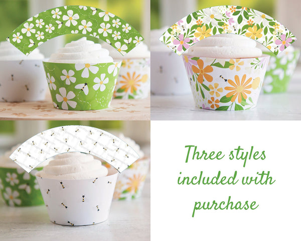 Spring Green Bees and Flowers Cupcake Wrapper Set - PRINTABLE pdf instant download. Floral trio -  three coordinating designs, plain bees.