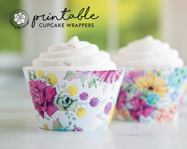 Fiesta Floral Cupcake Wrappers - PRINTABLE Instant Download PDF. Tropical brightly-colored flowers, quinceañera Mexican themed bridal shower