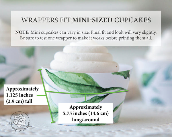 MINI Greenery Cupcake Wrappers - PRINTABLE wedding ideas, watercolor leaves, bridal shower, memorial cupcakes, mother's day party printables