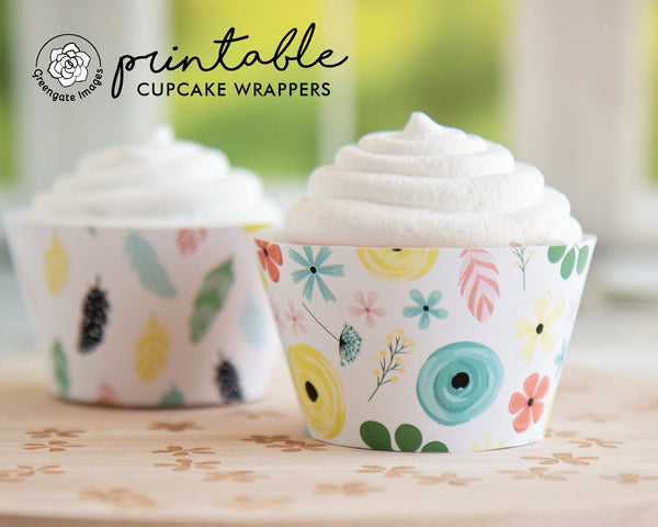 Boho Floral Feather Cupcake Wrappers - PRINTABLE Instant Download PDF. Cute and colorful flowers, wildflowers, pastel shades. Birthday idea.