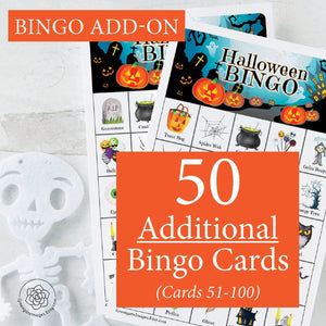 ADD-ON: 50 additional Halloween bingo cards (numbered 51-100) to go with the original game that is sold separately