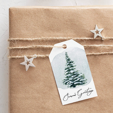 Evergreen Tree Gift Tags - Corjl editable, favor tags, printable hang tags, 2x3.5 inches, bag tags, Christmas tree, snowy winter pine tree