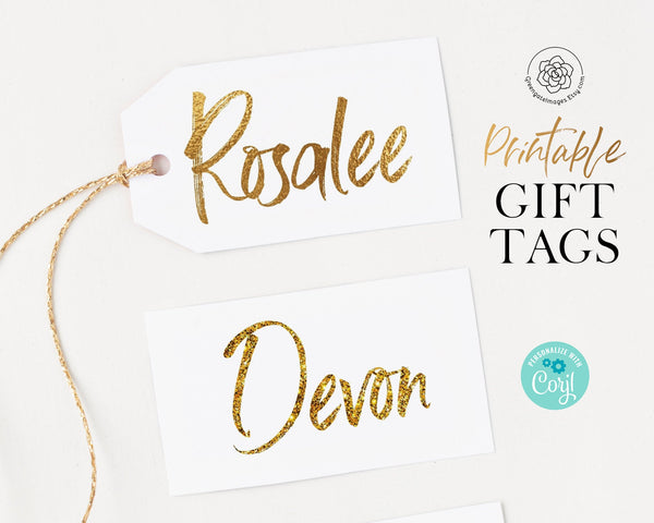 Gold Name Gift Tags - Corjl editable, favor tags, printable hang tags, colorful, 2x3.5 inch, bag tag, christmas gift tags, glitter metallic