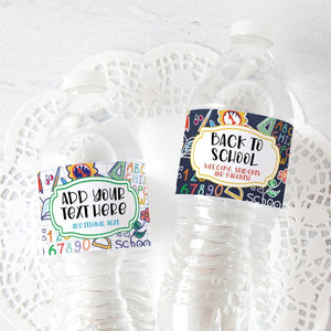School Pattern Water Bottle Labels - PRINTABLE, Corjl editable, Back to School Night, cute doodles, supplies bus, elementary school items.