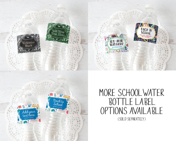 School Chalkboard Water Bottle Labels - PRINTABLE, Corjl editable, Back to School Night, doodles, elementary junior high school geometry.