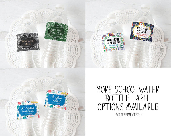 School Water Bottle Label - PRINTABLE, Corjl editable, Back to School Night, pattern with cute pictures, supplies, elementary school items.