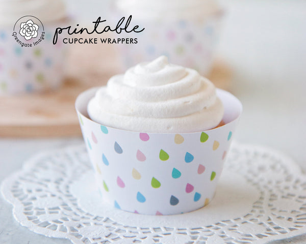 Colorful Raindrops Cupcake Wrapper - PRINTABLE instant download PDF, pastel colored teardrop pattern, kid birthday, weather sky spring theme