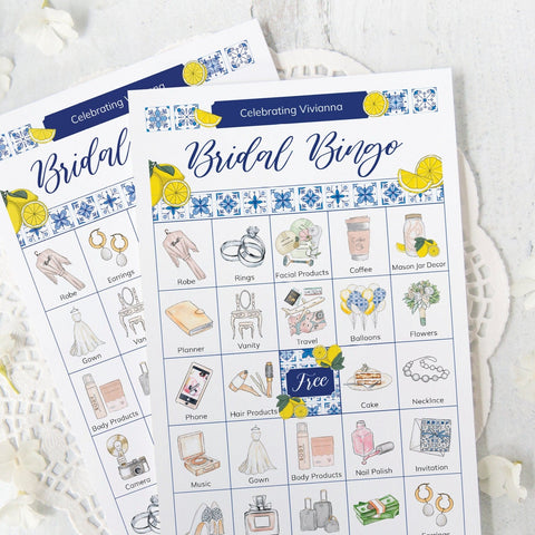 Lemons and Blue Tile Bridal Bingo Cards