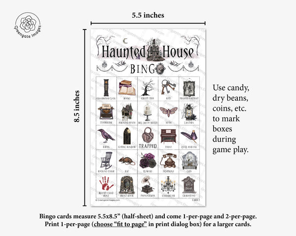 Haunted House Bingo Cards - 50 PRINTABLE bingo cards, large party idea, clean adult, tween, preteen, teenager, older kids halloween game.