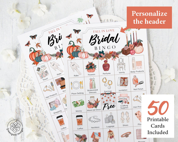 Fall / Autumn Bridal Bingo Cards - 50 PRINTABLE unique cards PDF. Personalize the header and title text using Adobe Reader. Pumpkins leaves.