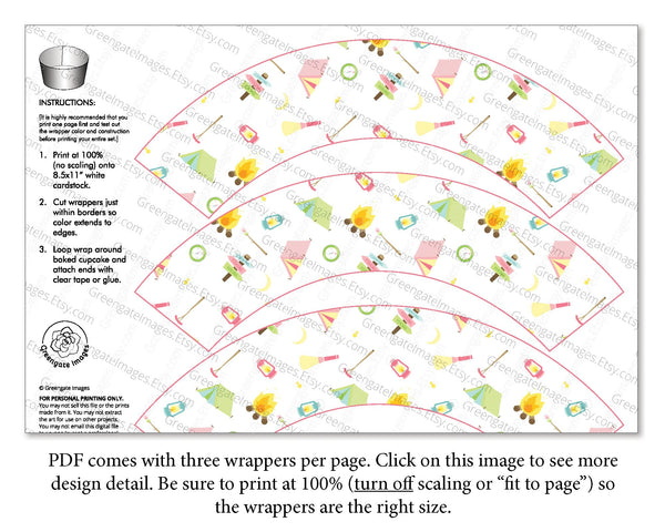 Pink Camping Cupcake Wrapper - Printable Digital Download by Greengate Images