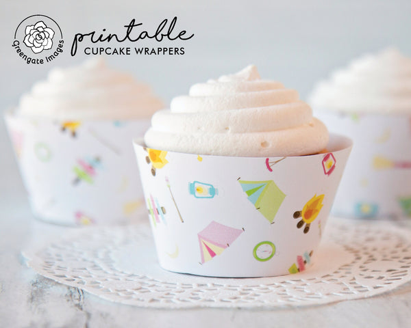 Pink Camping Cupcake Wrapper - Printable Digital Download by Greengate Images