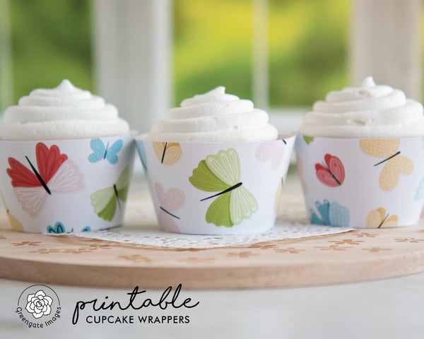Colorful Butterfly Cupcake Wrapper - PRINTABLE instant download. Summer butterfly pattern on white background. Bold, vibrant, fun, springy.