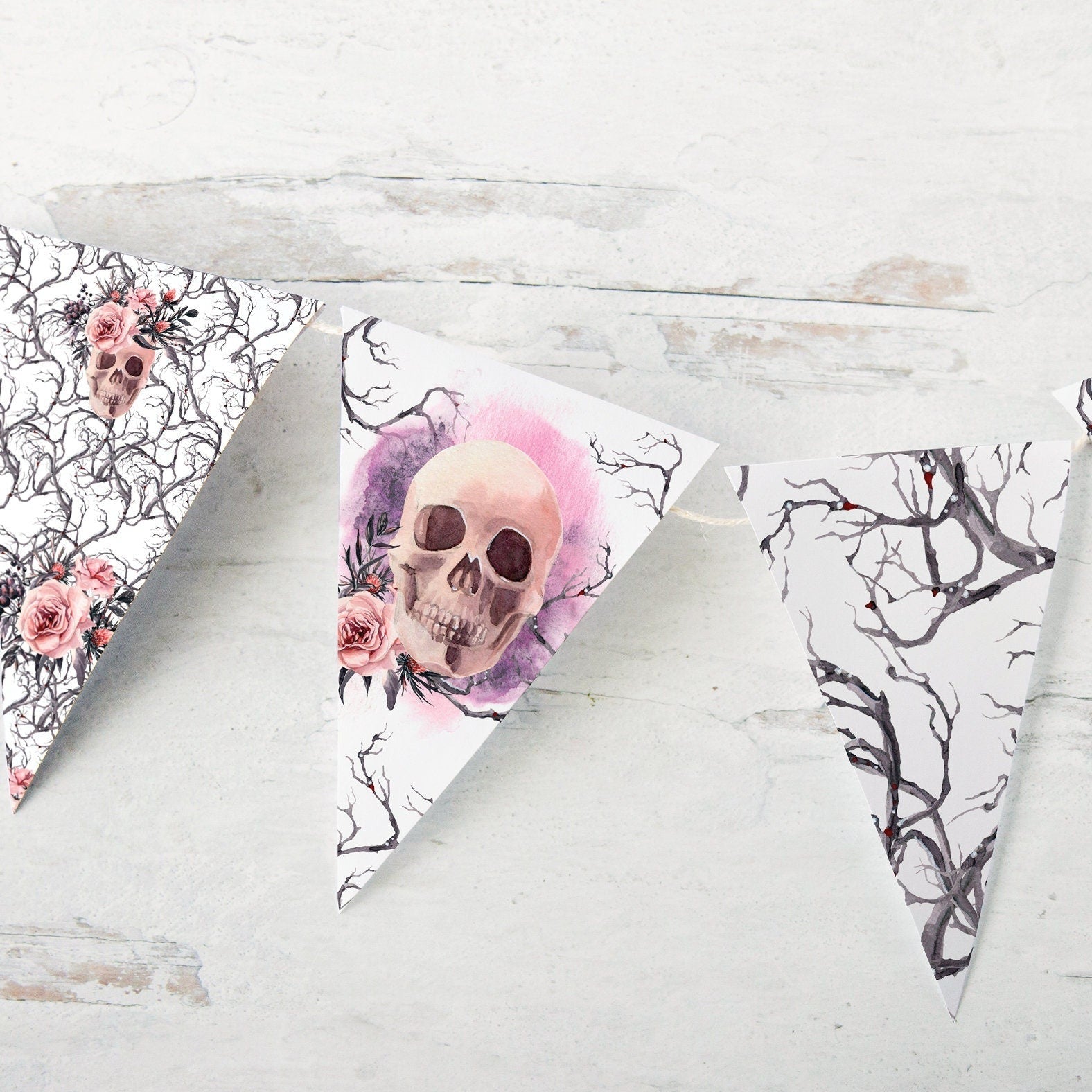 Halloween Glam Bunting - PRINTABLE skull with flowers, spooky tree branches, and pink accents. Instant digital download. Feminine, creepy.