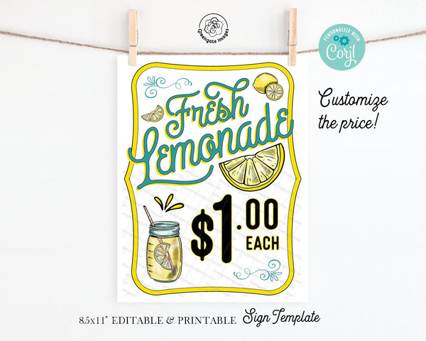 Fresh Lemonade Sign - PRINTABLE Corjl 8.5x11" sign template. Aqua teal turquoise for sale sign w/ price. Change/customize/edit price amount.