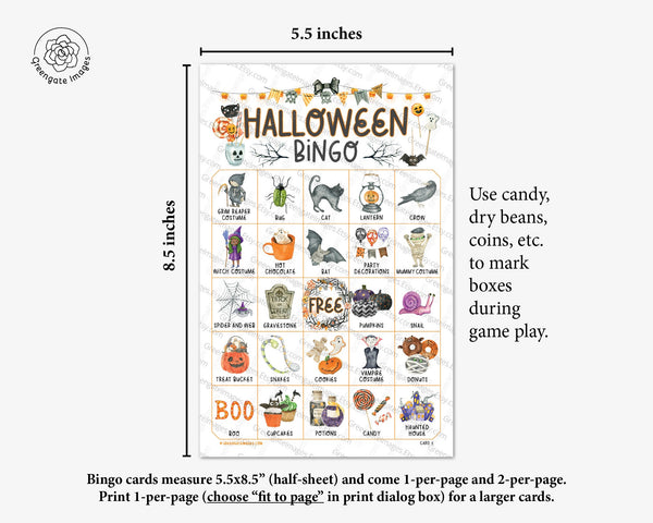 Kids Halloween Bingo - 50 PRINTABLE unique cards w/ child-friendly color pictures and caption/title below each item. Calling cards included.