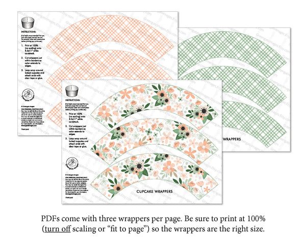 Peach and Mint Cupcake Wrapper Set - PRINTABLE pdf instant download. Flowers and plaid pattern trio. Cute anytime botanical floral sleeves.