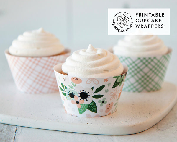 Peach and Mint Cupcake Wrapper Set - PRINTABLE pdf instant download. Flowers and plaid pattern trio. Cute anytime botanical floral sleeves.
