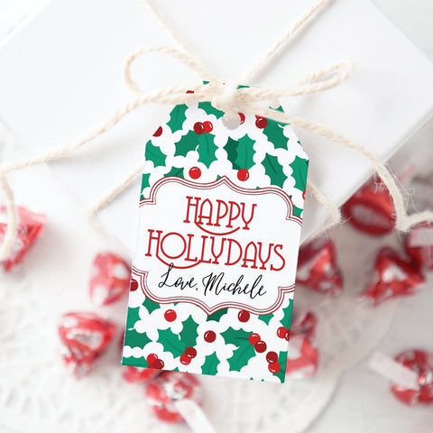 Christmas Holly Gift Tags - Corjl editable, favor tags, printable hang tags, 2x3.5 inches, bag tags, christmas gift tags, holly leaves berry