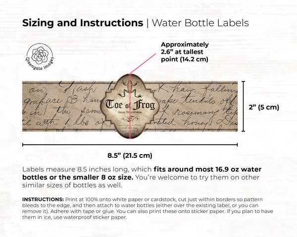 Apothecary Potion Water Bottle Labels - PRINTABLE vintage style beverage wraps. Magick witch brew ingredients & spells. Ephemera antique.
