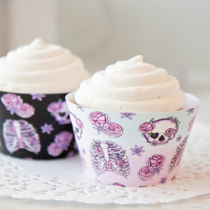 Skulls and Roses Halloween Cupcake Wrappers - PRINTABLE cupcake sleeves PDF. Black, pink, aqua blue. Cute and feminine for bridal shower.