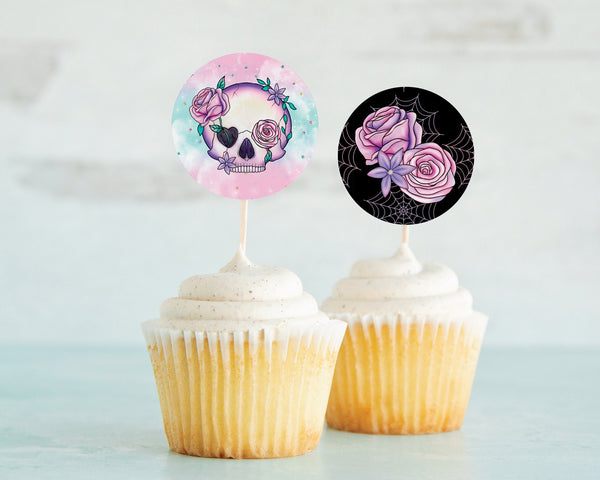 Pink and Black Skull and Rose 2" Circle Cupcake Toppers - PRINTABLE toppers or stickers PDF. October Halloween bachelorette bridal shower.
