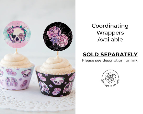 Pink and Black Skull and Rose 2" Circle Cupcake Toppers - PRINTABLE toppers or stickers PDF. October Halloween bachelorette bridal shower.