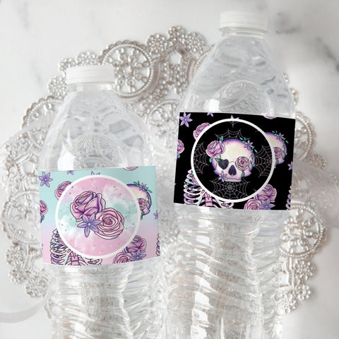 Skull and Rose Halloween Water Bottle Labels - PRINTABLE beverage wrappers. Glamour goth with skeletons and flowers. Halloween shower idea.