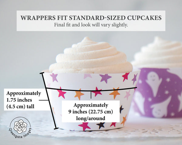 Ghosts and Stars Halloween Cupcake Wrappers - PRINTABLE cupcake sleeves PDF. Lilac purple smiling ghosts. Cute and fun for kids.