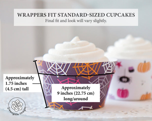 Spiderwebs and Whimsical Halloween Elements Cupcake Wrappers - PRINTABLE cupcake sleeves PDF. Purple pumpkin spiders. Cute and fun for kids.