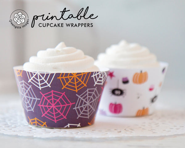 Spiderwebs and Whimsical Halloween Elements Cupcake Wrappers - PRINTABLE cupcake sleeves PDF. Purple pumpkin spiders. Cute and fun for kids.