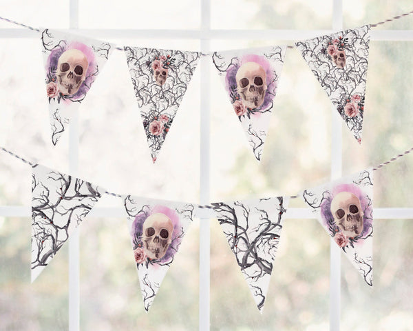 Halloween Glam Bunting - PRINTABLE skull with flowers, spooky tree branches, and pink accents. Instant digital download. Feminine, creepy.
